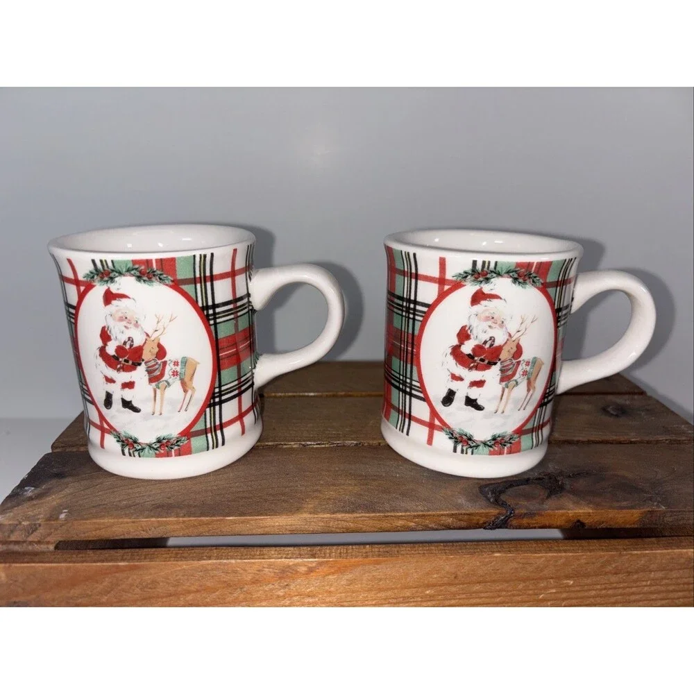 Sur La Table Santa Reindeer Green & Red Plaid Christmas 5 oz Mini Mugs Set of 2